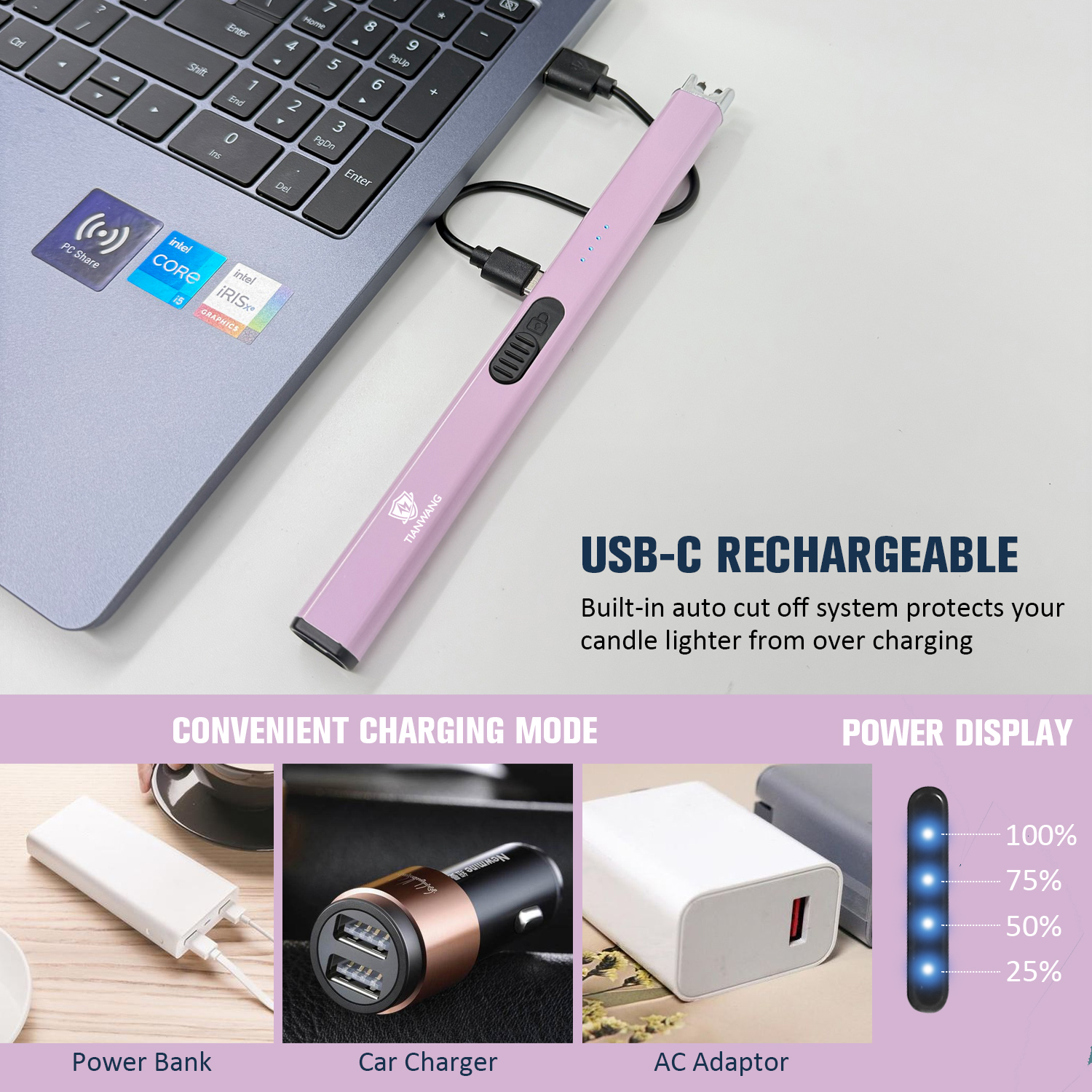 USB-C Rechargeable Electric Candle Lighter With Safety Lock And LED Battery Display - Image 6