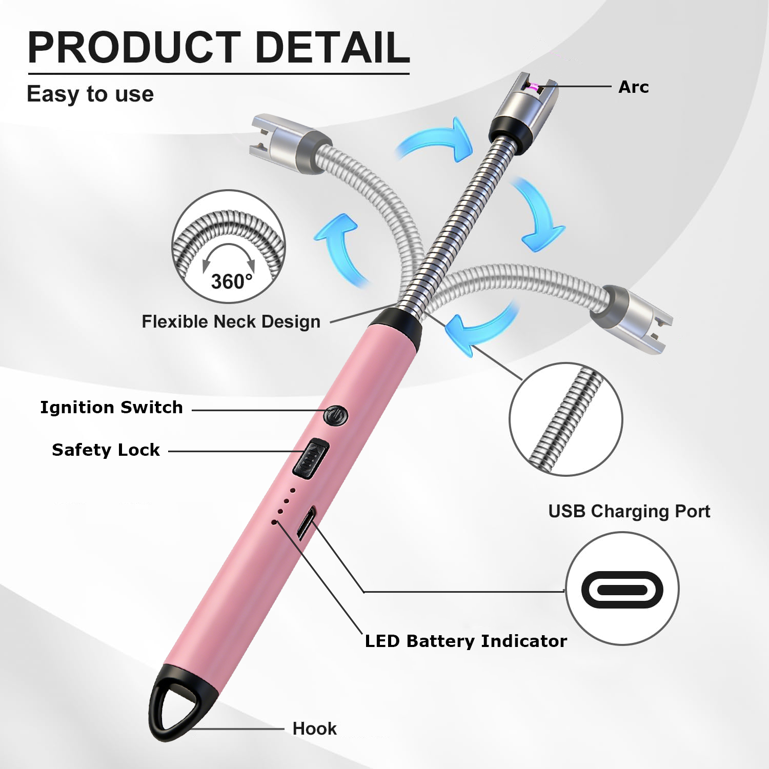Windproof Rechargeable Flexible Neck Candle Arc Lighter Long Reach for Stove BBQ, Grill, Camping, Fireplace, Stove - Image 2