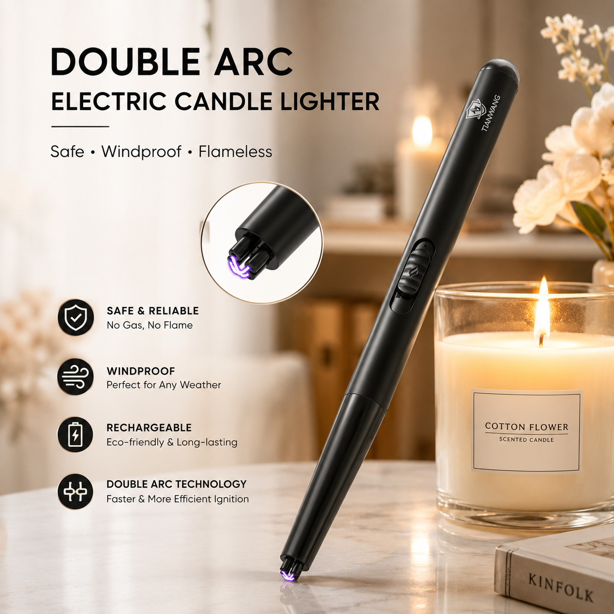 Windproof Flameless Dual Arc Plasma Lighter Rechargeable Lighters Butane Free Electric Candle Lighter