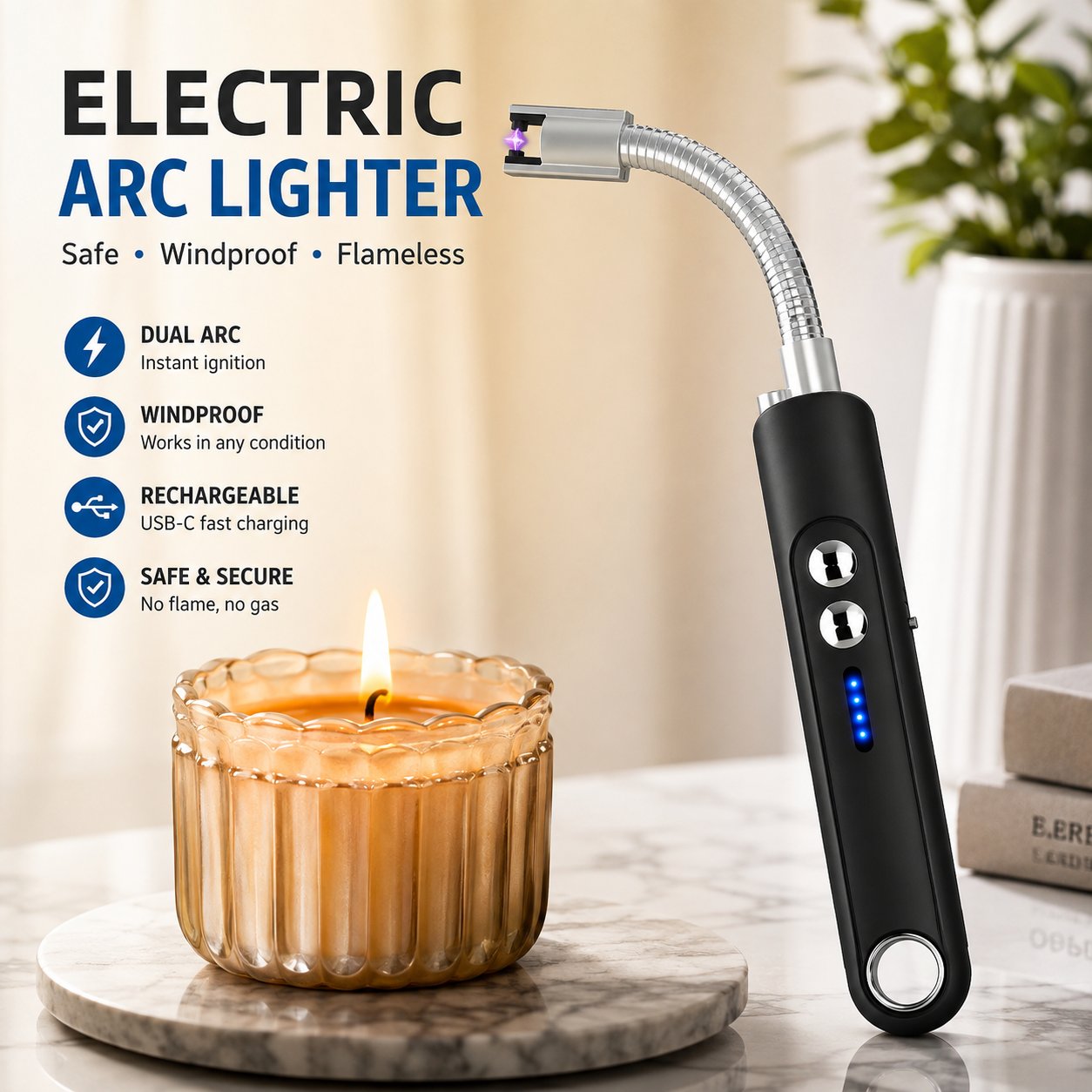 Long Flexible Neck Electric Plasma Arc Lighter with Flashlight for for Candles Fireworks