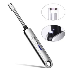 Electric Rechargeable Arc Lighter with LED Battery Display Long Flexible Neck USB Lighter with Flashlight for Candle Cooking Fireworks (Silver)
