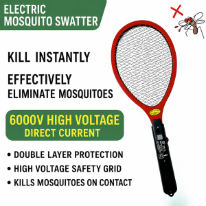Electric Fly Swatter Powerful 6000V Mosquito & Flies Killer Handheld Bug Zapper Racket for Indoor& Outdoor(Red)