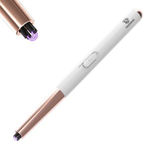 Electric Candle Lighter USB Rechargeable with Safety Lock & LED Display, Windproof Flameless Arc Lighter for BBQ Kitchen(White)