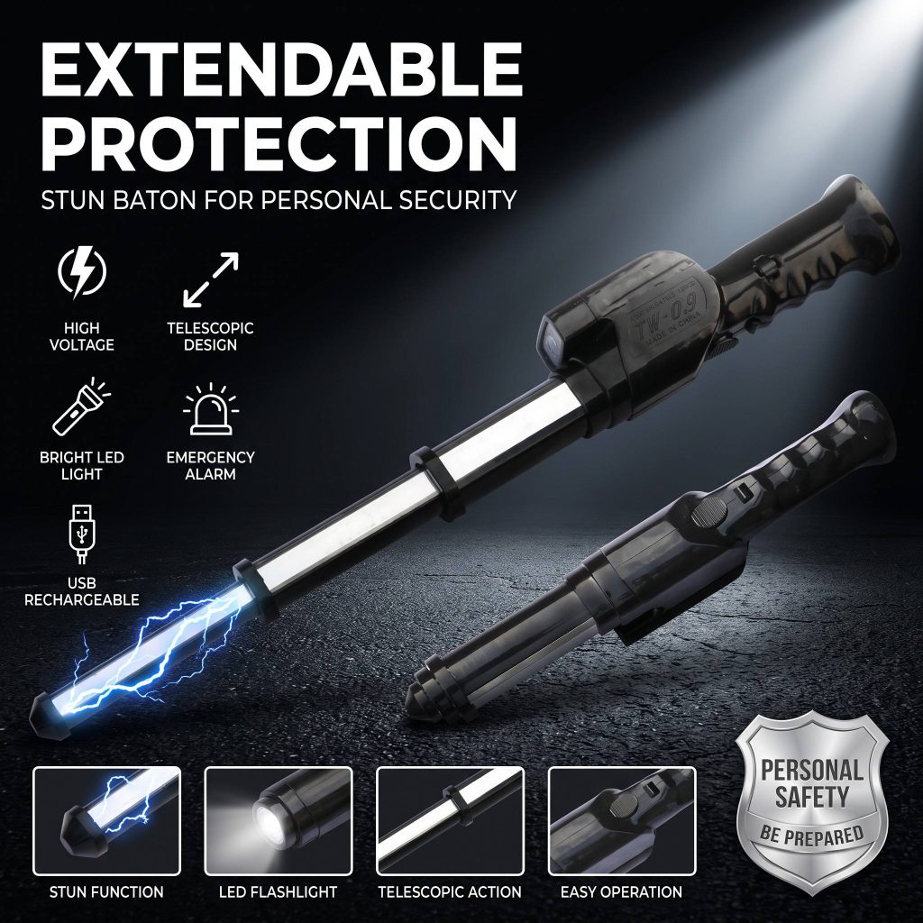 High Power Expandable Stun Gun Baton with LED Flashlight