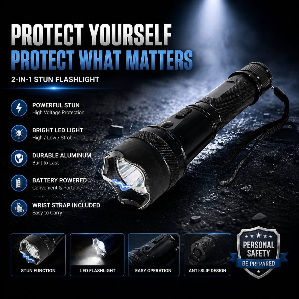 Heavy Duty Metal Rechargeable Stun Gun with LED Tactical Flashlight